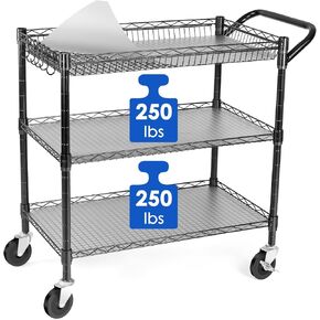 WDT Heavy Duty 3 Tier Utility Cart,990Lbs Capacity Wire Rolling Cart with Wheels, Commercial Grade Service Cart with Shelving Liners and Handle Bar Metal Carts for Kitchen Office Hardware, NSF Listed