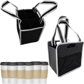 2pcs Portable Drink Carrier with 6 Cup Holder, Reusable Insulated Coffee Cup Carrier with Handle for Take Out Delivery, Foldable Drink Caddy for Hot & Cold Drinks (Brown)