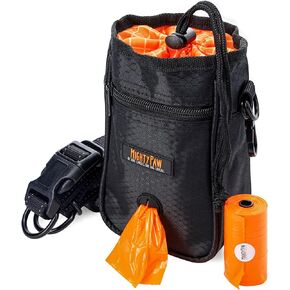 Mighty Paw Dog Treat Bag - Drawstring Closure Pouch - Includes Carabiner Hook and Pick-up Bags - With Reflective Belt - Dog Training Treats Pouch (Black)