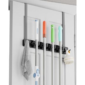 Over the Door Broom Holder, Mop and Broom Holder Door Mount, Hanging Broom Holder Over the Door with 4 Racks & 2 Hooks, Wood Broom Door Hanger Storage, Laundry Tool Organizer for Closet Garage