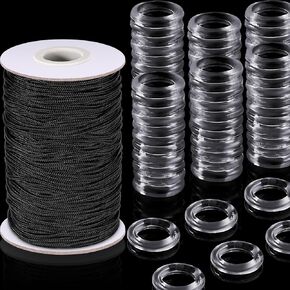 100 Pieces Clear Roman Curtain Rings 55 Yards Roman Blind Cord 8 to 13 mm Transparent Plastic Rings 1.8 mm White Braided Lift Shade Cord for DIY Blind Curtains(White)