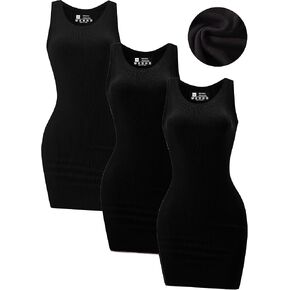 3 Piece Womens Ribbed Scoop Neck Sleeveless Tank Dresses Basic Bodycon Mini Dress