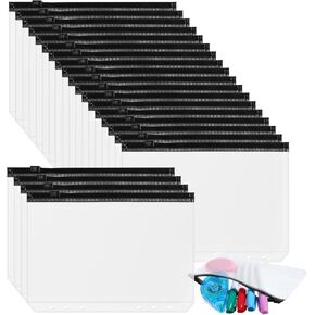 Zonon 30 PCS 3/6 Ring Binder Zipper Pouch Binder Pockets 3/6 Holes Clear Zipper Binder Folders Waterproof PVC Loose Leaf Bags Filling Bags(Tansparent Zippers,A4)