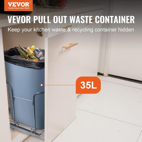 VEVOR Pull-Out Trash Can, 35L Single Bin, Under Mount Kitchen Waste Container with Slide, Handle and Door Mounting Kit, 110 lbs Load Capacity Heavy Duty Garbage Recycling Bin for Kitchen Cabinet, Sink in Saudi Arabia