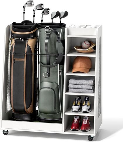YITAHOME Wooden Golf Bag Organizer for Garage, Rolling Storage Stand for Golf Bags, Clubs, Balls, and Accessories, Holds 2 or 3 Golf Bags, Ideal for Golf Equipment Organization in Saudi Arabia