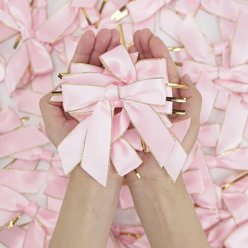AIMUDI Satin Twist Tie Bows 3.5" White Bows Premade Ribbon Bows with Gold Edge Pretied Bows for Treat Bags, Cake Pop, Crafts, Wedding Favors, Gift Wrapping, Baby Shower, Apple Candy- 50 Counts in Kuwait