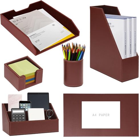 Office Supplies PU Leather 6-Piece Set Desk Organizer,Include Writing Pad,Letter Tray,file folder Sorter/Magazine Holder,Pen Cup,Note Holder,Business Card Holder,Man/Woman Office Gift,Black in Kuwait