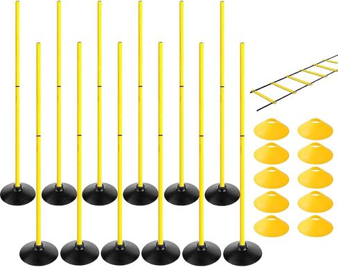 TNZMART 4.9FT مجموعة أقطاب خفة الحركة للتدريب على كرة القدم قابلة للفصل، أقطاب التعرج مع 10 مخاريط قرصية وسلم السرعة in Kuwait