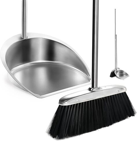 Broom with Dustpan Combo Set, 2 in 1 Broom and Dustpan Set with Long Handle, Upright 180° Rotating Broom with Brush and Lightwight Dust Pans for Home Kitchen Room Office Lobby Floor Cleaning，White in Saudi Arabia