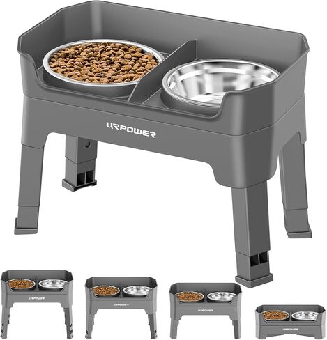 URPOWER 3-in-1 Elevated Dog Bowls - Mess Proof Double Deck 4 Height Adjustable Raised Stand with 2 Stainless Steel Food Bowls & Licking Plate for Small & Large Dogs in Kuwait