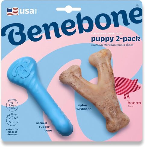 Benebone Puppy 2-Pack Dental Chew/Wishbone Dog Chew Toys, Made in USA, Real Bacon Flavor in Saudi Arabia
