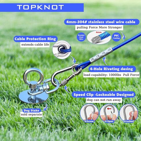 TOPKNOT Dog Tie Out Cable and Stake,360°Swivel Dog Run Anchor，with 30FT Heavy Duty Cable- No Tangle,Dog Runner for Yard - Up to 150LBS,Ideal for Outdoor Camping in Saudi Arabia