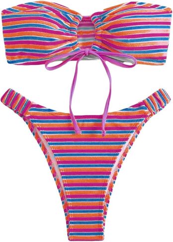 Women's Striped Printed Bandeau Bathing Suit High Waisted Swimsuit Bikini Set in Saudi Arabia