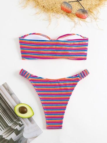 Women's Striped Printed Bandeau Bathing Suit High Waisted Swimsuit Bikini Set in Saudi Arabia