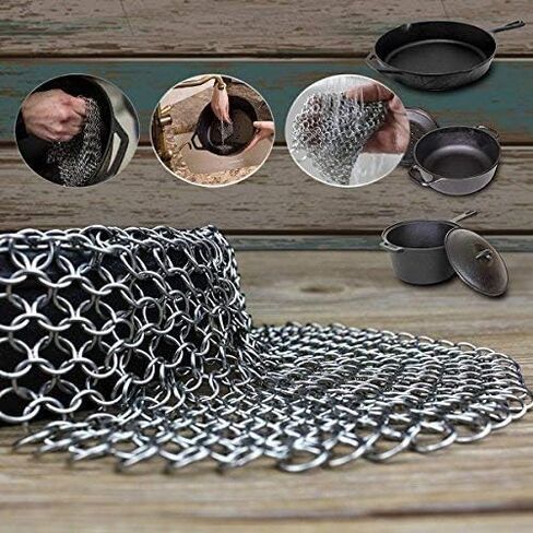 Cast Iron Scrubber 316 Stainless Steel Cast Iron Skillet Cleaner 8"x6" Chainmail Scrubber Scraper Chain Mail Link Scrub for Cast Iron Pre-Seasoned Pans, Griddles, BBQ Grills, and Pot Cookware Cleaning in Saudi Arabia