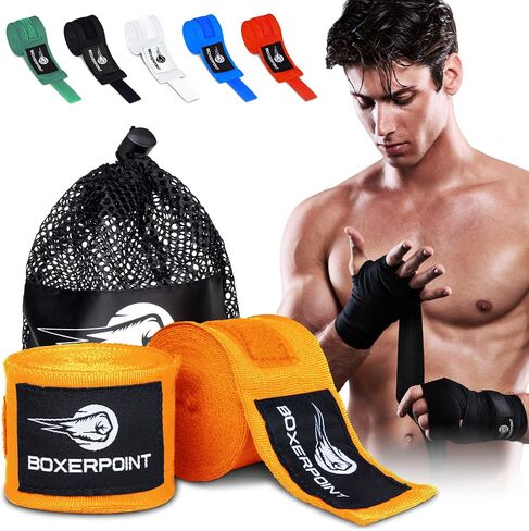 BOXERPOINT 180" لفافات الملاكمة على الجانب الدائري للرجال والنساء | لفافات يد الملاكمة لقفازات الملاكمة للرجال والنساء، الملاكمة التايلاندية، الكيك بوكسينغ، فنون القتال المختلطة - لفافات يدوية احترافية قابلة للتنفس لقفازات الملاكمة | أسود in Kuwait