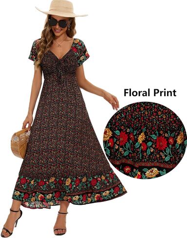 Summer Floral Smocked Maxi Dress for Women 2026 Casual Flowy Tiered A Line Boho Beach Party Long Dresses with Short Sleeve in Kuwait