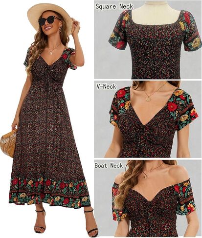 Summer Floral Smocked Maxi Dress for Women 2026 Casual Flowy Tiered A Line Boho Beach Party Long Dresses with Short Sleeve in Kuwait