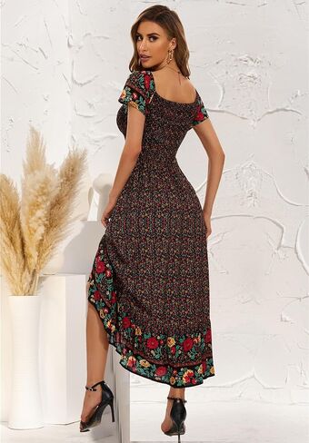 Summer Floral Smocked Maxi Dress for Women 2026 Casual Flowy Tiered A Line Boho Beach Party Long Dresses with Short Sleeve in Kuwait
