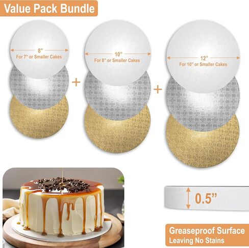 9 Pack Cake Board Drums in 3 Sizes (8, 10, 12 Inch) & in 3 Colors (White, Black, Gold) | 1/2" Thick Cake Rounds Sturdy & Greaseproof | Free Prop Up Tools | Perfect For Heavy/Tiered Cakes in Saudi Arabia