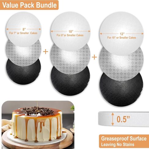9 Pack Cake Board Drums in 3 Sizes (8, 10, 12 Inch) & in 3 Colors (White, Black, Gold) | 1/2" Thick Cake Rounds Sturdy & Greaseproof | Free Prop Up Tools | Perfect For Heavy/Tiered Cakes in Saudi Arabia