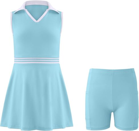 Girls Tennis Dress Golf Outfit Sleeveless Athletic Dresses Polo V Neck Sport Skirt with Pockets 4-13Y in Kuwait