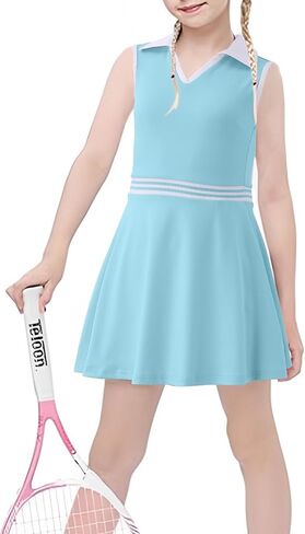 Girls Tennis Dress Golf Outfit Sleeveless Athletic Dresses Polo V Neck Sport Skirt with Pockets 4-13Y in Kuwait
