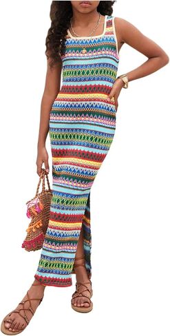 RoseSeek Girl's Boho Summer Dresses Striped Sleeveless Side Split Tank Maxi Dress Vacation Beach Outfits in Kuwait