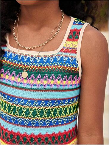 RoseSeek Girl's Boho Summer Dresses Striped Sleeveless Side Split Tank Maxi Dress Vacation Beach Outfits in Kuwait