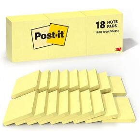 Post-it Notes, 3 in x 3 in, 18 Sticky Notes Pads, 100 Sheets per Pad, The Iconic Canary Yellow Note, School Supplies and Oﬃce Products