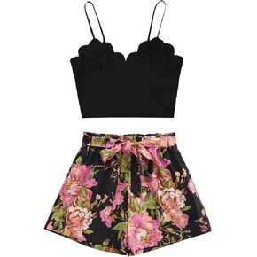 LYANER Women's 2 Piece Summer Outfits Cami Crop Top and Tropical Floral Shorts Set
