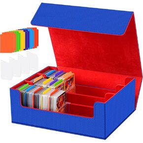 Trading Card Storage Box - 2400+ Commander Deck Case for Magic the Gathering PKM YuGiOh Sports Cards, Leather MTG TCG PTCG with 12 PVC Dividers 4 Card Supporters, Blue and Red