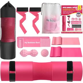 Barbell Pad Set, Hip Thrust Pad, 14pcs Gym Accessories for Women, Barbell Squat Pad for Hip Thrust, Bench Press with Barbell Clips, Resistance Bands, Lifting Straps, Massage Balls, Carry Bags
