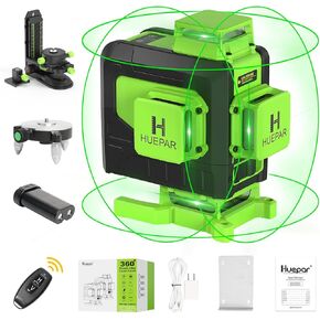 Huepar Professional 3x360 Construction Laser Level Self Leveling with 2 Li-ion Batteries, 3D High BrightnessGreen Laser Level, 12 Lines Cross Line Laser Level for Renovation