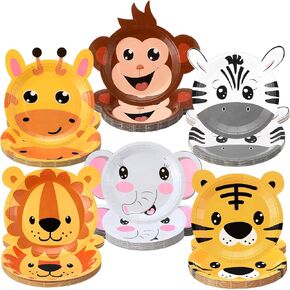 Sunnyray 72 Pcs Jungle Safari Paper Plates 7" Animal Shaped Disposable Dessert Dinner Plates Safari Birthday Party Dinnerware Decorative for Birthday Baby Shower Jungle Animal Party Supplies