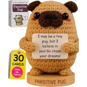 Pug Gifts for Pug Lovers - Tiny Knitted Pug Holding 30 Uplifting Signs and Funny Affirmations - Unique Presents Ideas for Birthday or Christmas Xmas Stocking Stuffers - Cute Pug Mom Gift for Women