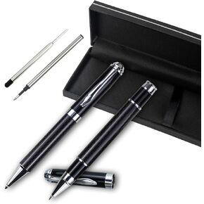 2PCS Retractable Ballpoint + Rollerball Pens, Luxury Carbon Fiber Liquid Black Ink Pens with 2 Extra Refills, Medium Point Fancy Cool Pen for Writing, Note Taking, Gift Set for Men & Women, Black