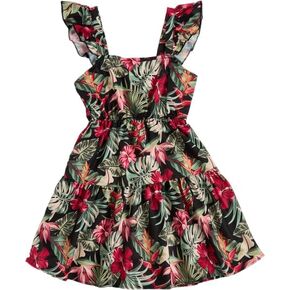 Cozyease Girls' Tropical Print Ruffle Trim Dress Square Neck Sleeveless High Waist A Line Boho Dress