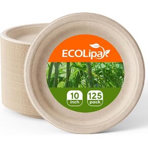 ECOLipak 100% Compostable 10 inch Paper Plates, 150 Pack Heavy Duty Paper Plates, Disposable Biodegradable Eco-friendly Sugarcane Bagasse Plates for Dinner Party(White)