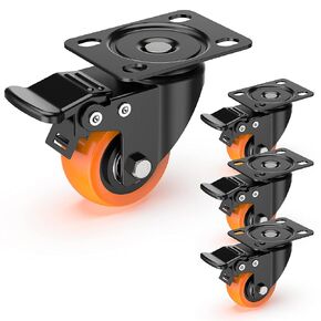 HOLKIE 2 inch Plate Casters with Safety Brake, 360 Degree Heavy Duty Swivel Caster Wheels, Total Capacity 600lbs (Pack of 4,Orange)