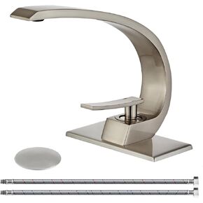 Wovier Brushed Nickel Bathroom Sink Faucet,Unique Design Single Handle Single Hole Brass Lavatory Vanity Faucet,Basin Mixer Tap with Supply Hose and Pop Up Drain Assembly