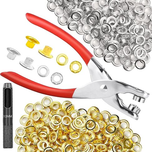 640Pcs Grommet Tool Kit with Eyelet Pliers, NXTOV 1/2 Inch 12mm(Inside Diameter) Grommet Eyelet Pliers Kit with Washers, and Hole Punch Grommet Hand Press kit (160set Silver + 160set Gold) in Saudi Arabia