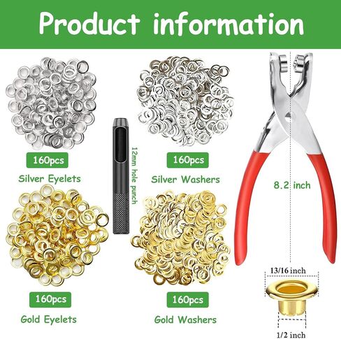 640Pcs Grommet Tool Kit with Eyelet Pliers, NXTOV 1/2 Inch 12mm(Inside Diameter) Grommet Eyelet Pliers Kit with Washers, and Hole Punch Grommet Hand Press kit (160set Silver + 160set Gold) in Saudi Arabia