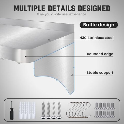 Stainless Steel Shelf 12" x 36", Commercial Stainless Steel Kitchen Wall Shelf for Hanging and Storing Pots, Pans, and Cookware in Restaurants, Kitchens, Homes,and Hotels in Saudi Arabia