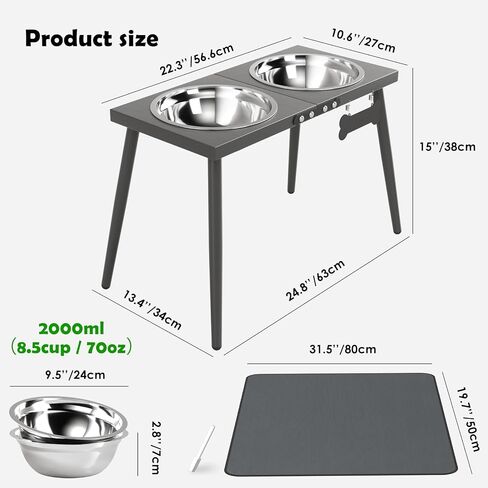Metal Raised Dog Bowl Stand for Large and Medium Dogs, Stronger Elevated Dog Bowls with Sprill Proof Mat, Dog Food & Water Bowls 10" Tall Dog Feeder (58OZ-Stainless Steel Dog Bowls, Mat-16x24) in Saudi Arabia