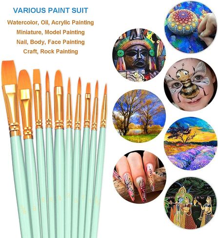BOSOBO Paint Brushes Set, 10 Pack 100 Pcs Round Pointed Tip Paintbrushes Nylon Hair Artist Acrylic Paint Brushes for Acrylic Oil Watercolor, Face Nail Art, Miniature Detailing & Rock Painting, Pink in Kuwait