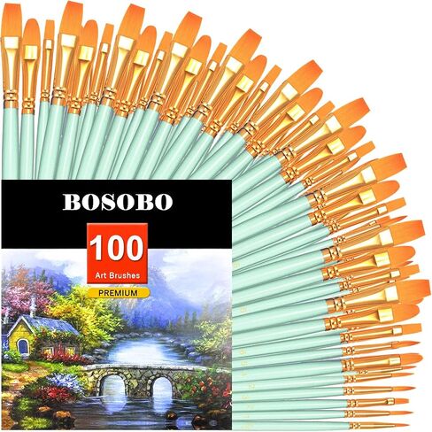 BOSOBO Paint Brushes Set, 10 Pack 100 Pcs Round Pointed Tip Paintbrushes Nylon Hair Artist Acrylic Paint Brushes for Acrylic Oil Watercolor, Face Nail Art, Miniature Detailing & Rock Painting, Pink in Kuwait