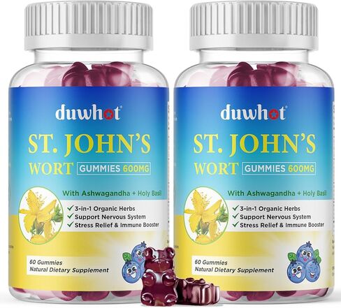 St John's Wort Gummies 600mg, with Ashwagandha & Holy Basil Extract for Adults & Kids, 3 in 1 Organic Herbal Supplements for Stress Relief, Nervous System Support, Non-GMO, Vegan, 60 ct. in Saudi Arabia