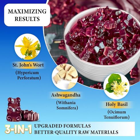 St John's Wort Gummies 600mg, with Ashwagandha & Holy Basil Extract for Adults & Kids, 3 in 1 Organic Herbal Supplements for Stress Relief, Nervous System Support, Non-GMO, Vegan, 60 ct. in Saudi Arabia