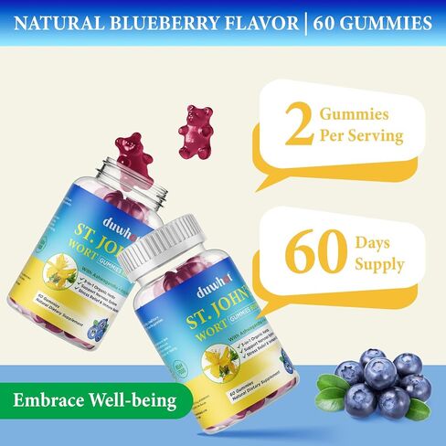 St John's Wort Gummies 600mg, with Ashwagandha & Holy Basil Extract for Adults & Kids, 3 in 1 Organic Herbal Supplements for Stress Relief, Nervous System Support, Non-GMO, Vegan, 60 ct. in Saudi Arabia